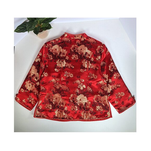 Satin Chinese Mandarin Top Long Sleeves XXL Embroidered Ruby Red Vintage - Picture 10 of 10